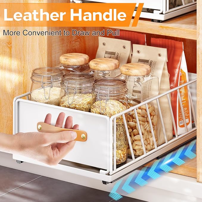 Pull out Cabinet Organizer,Heavy Duty Slide out Pantry Shelves Drawer Storage with Adhesive Nano Film,Sliding Mesh Cabinet Basket with Handle for Kitchen, Bathroom, Home, 9.8"W X 15.7"D X 6.2"H,White