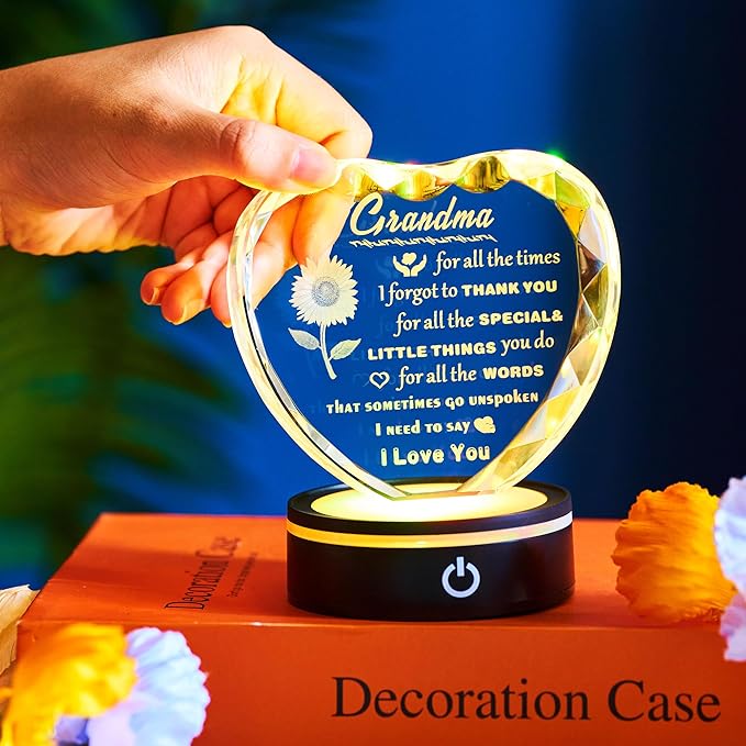 Gifts for Grandma with Colorful LED Base, Meaningful Heart Crystal Grandma Birthday Gifts, Great Gift Ideas for Grandmother on Mothers Day Thanksgiving from Granddaughter or Grandson
