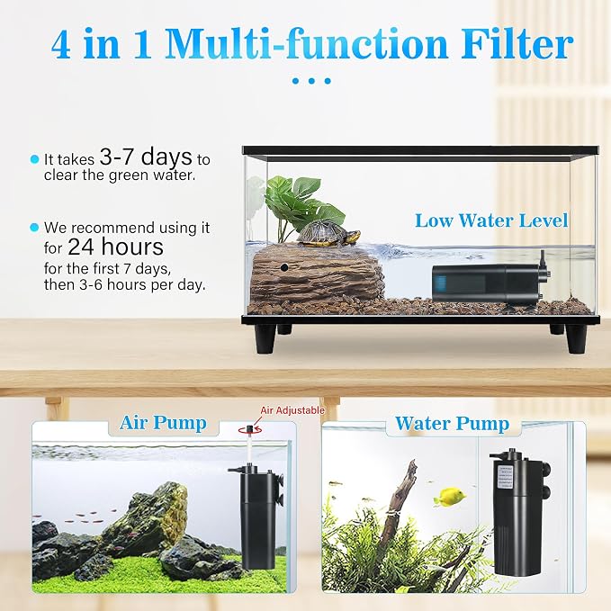 TARARIUM 10-40 Gallon U-V Aquarium Filter for Fish Turtle Tank, Swirl Turbo | Bio Sponge+U-V, Auto-Timer Bulb Lasts Longer, Clear Green Water, Quiet Internal Filter, Aeration, Saltwater Freshwater 132GPH
