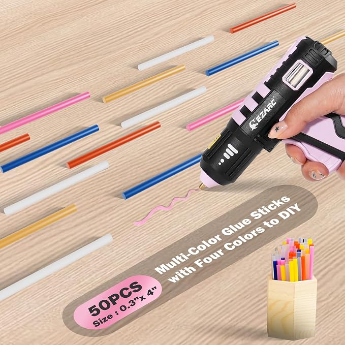 EZARC Cordless Hot Glue Gun, 15s Fast Heating 12V Mini Glue Gun for DIY Crafts, Home Repairs, School Projects, Decorations, with 50 Mini Glue Sticks, Pink