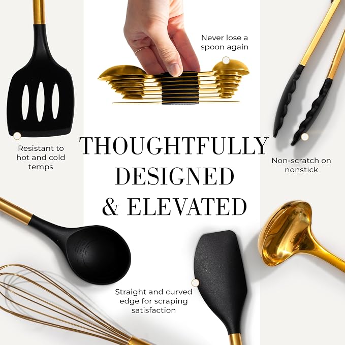 Styled Settings Black and Gold Kitchen Utensils Set – 15-Piece Cooking Set Includes Black Silicone Utensils, Gold Utensil Holder, and Magnetic Measuring Spoons – Stylish Kitchen Accessories