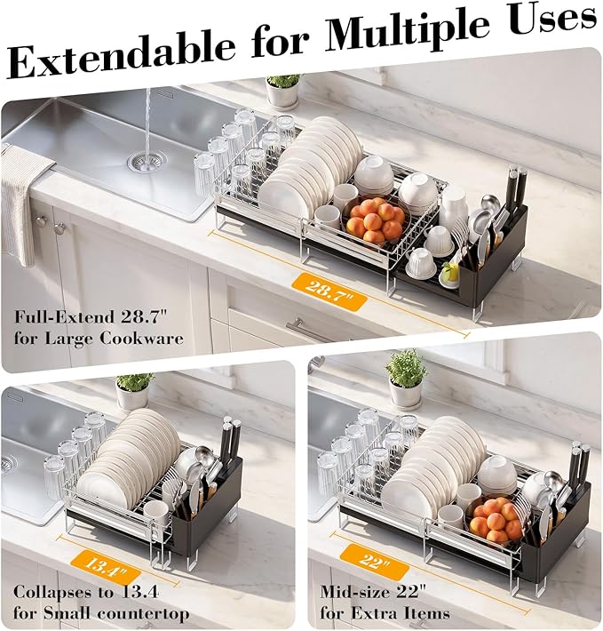 Delamu Large Dish Drying Rack, Stainless Steel Dish Racks for Kitchen Counter, Multifunctional Dish Drainer with Cutlery & Cup Holders, Extendable from 13.4 to 28.7 in, Black