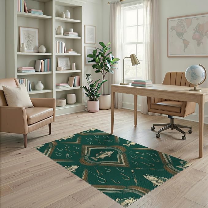 4'x6' Washable Area Rug Vintage Bass Tackle Symmetry Lure Motif Border Angler Fish Fishing Refined for Playroom, Bedroom, Reading Nook, Pet Friendly & Non-Slip