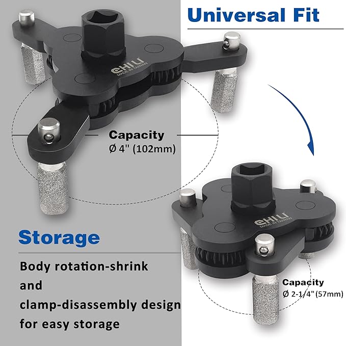 CHILI TOOLS Universal Adjustable No-Slip Magnetic Oil Filter Wrench with 3/8" Square Drive | Range From 2-1/4 to 4 inch Oil Filters Removal Tool | For Motorcycles, Cars & Trucks | Made in Taiwan