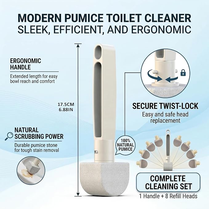 Pumice Stone Toilet Bowl Cleaner 8-Pack – Hard Water & Limescale Remover, Non-Scratch Multi-Surface Scrubber for Toilet, Bathroom Tile, Sink – Natural Cleaning Tool with Disposable Refill Heads