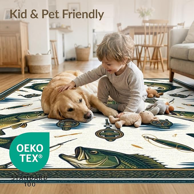 8'x10' Washable Area Rug Bass Lake Lure Tackle Reel Motif Border Angler Hook Fish Fishing Refined for King Size Bedroom, Master Suite, Under Bed, Foldable Easy Care