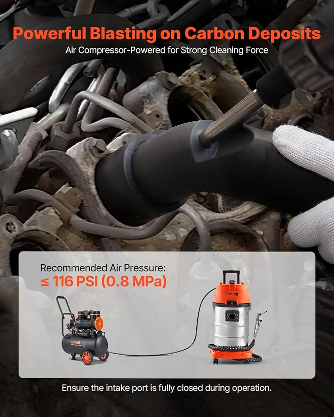 VEVOR Walnut Blaster Kit for Carbon Cleaning, 1200W Sand Blaster with Built-in Vacuum, Extension Nozzle Sandblaster Gun, and 5.5lbs Walnut Shell for Engine Intake Valve Cleaning - 30L | Large Capacity & High-Efficiency Cleaning