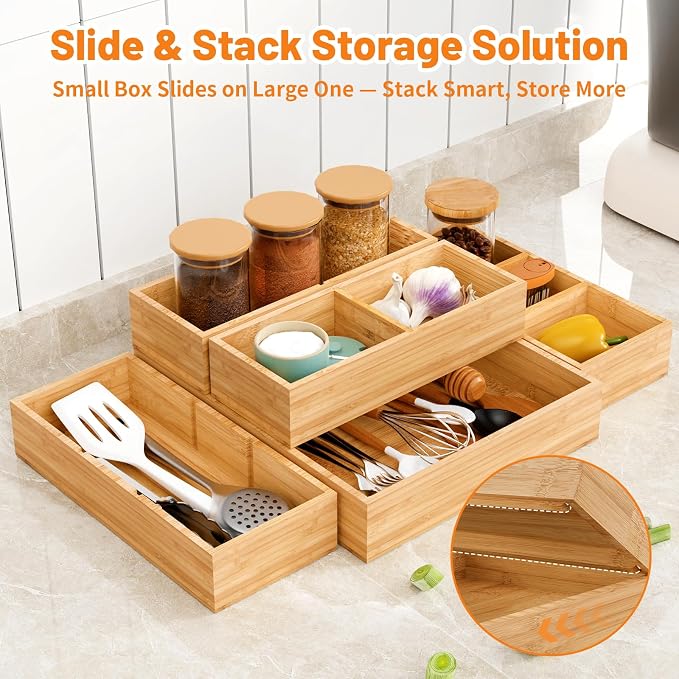 SpaceWhisper Bamboo Drawer Organizer, 10-Piece Drawer Divider with Removable Dividers for Organization and Storage, Multi-Use Stackable Storage Box & Utensil Holder for Kitchen, Office, Makeup & More