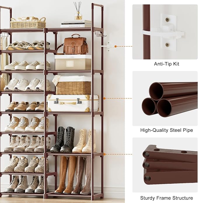 WOWLIVE 9 Tiers Large Shoe Rack Brown Shoe Rack Organizer for Closet 30-35 Pairs Stackable Heavy Duty Shoe Shelf Shoe Storage with Metal Pipes Plastic Connectors
