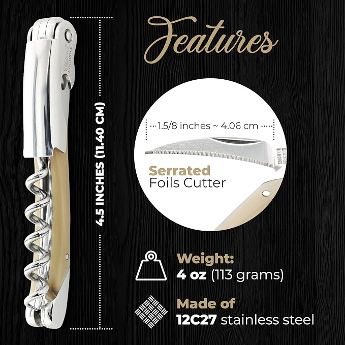 Chateau Laguiole Corkscrew - Grand Cru - White Horn French Luxury Laguiole Wine Opener – Laguiole Wine Key Made in France - Wine Sommelier Bone Handle Wine Corkscrew with Leather Sheath & Gift Box
