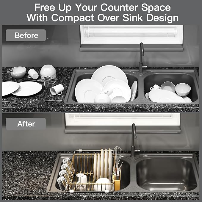 Gold Dish Drying Rack Over The Sink with Utensil Holder | Expandable Stainless Steel Dish Drainer for Small Kitchen, Apartment, RV, Counter Space Saving, Perfect Fit, Rustproof