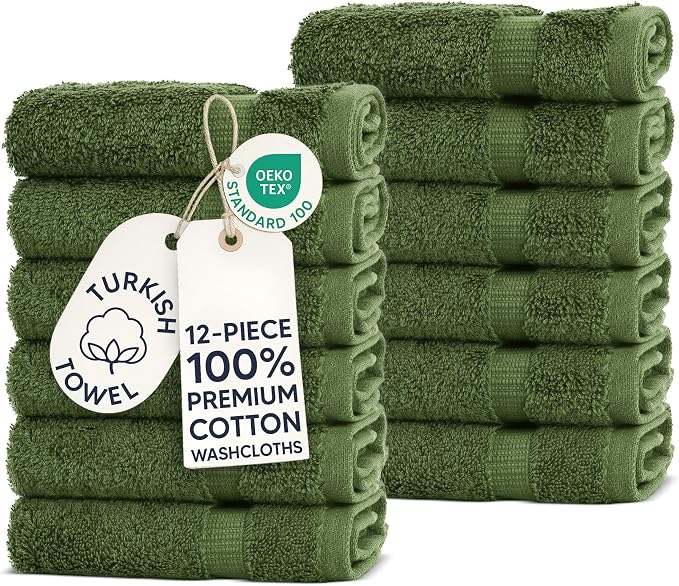 Chakir Turkish Linens 12 Piece Washcloth Set, 100% Cotton Luxury Turkish Washcloths for Bathroom, Soft Absorbent Washcloths, 13 x 13 Inches, Moss