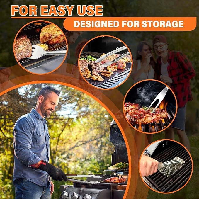 TIVOLI 4PCS Grilling Accessories Set - Heavy Duty BBQ Tool Set | Stainless Steel, Heat-resistant, Spatula, Tongs, Fork, Cleaning Brush, Gift Box, for Outdoor