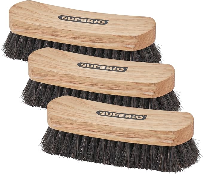 Horsehair Shoe Brush, Premium Genuine Brush for Cleaning Shoes, Soft Horse Hair Bristles, 7” Concave Wood Handle with Comfort Grip, Shoe Buff Brush, Boots & Other Leather Care (3 Pack)