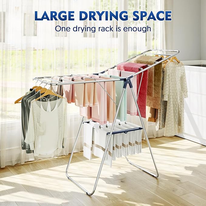 APEXCHASER Stainless Steel Clothes Drying Rack, Drying Rack Clothing with Height-Adjustable, Foldable Gullwings Laundry Drying Rack, Indoor Outdoor Use, No Assembly