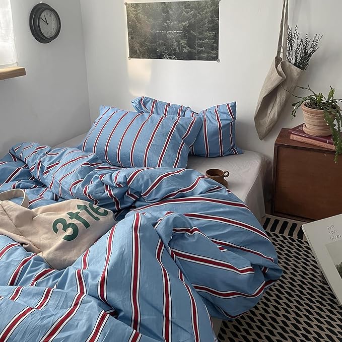 mixinni Vintage Striped Blue Duvet Cover Queen - 100% Cotton Red Stripes 3-Piece Bedding Duvet Cover Set with Zipper Closure, Soft & Breathable Retro Design for All Seasons (Queen Size)
