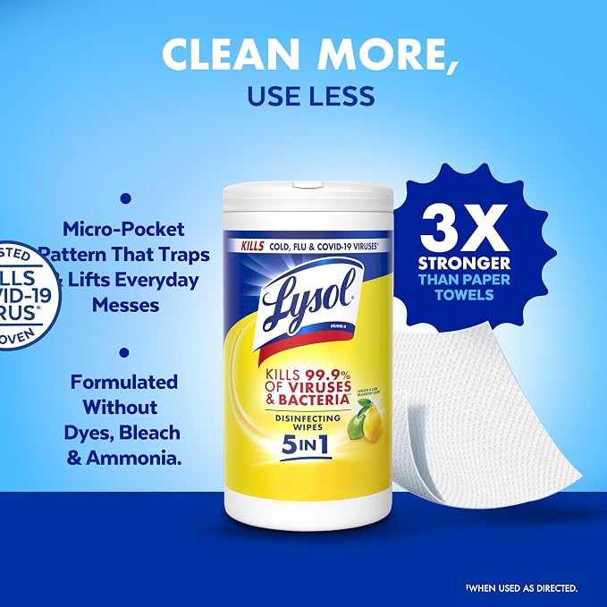 Lysol Disinfectant Wipes, Multi-Surface Antibacterial Cleaning Wipes, for Disinfecting and Cleaning, Lemon and Lime Blossom, 80 Count (Pack of 1)