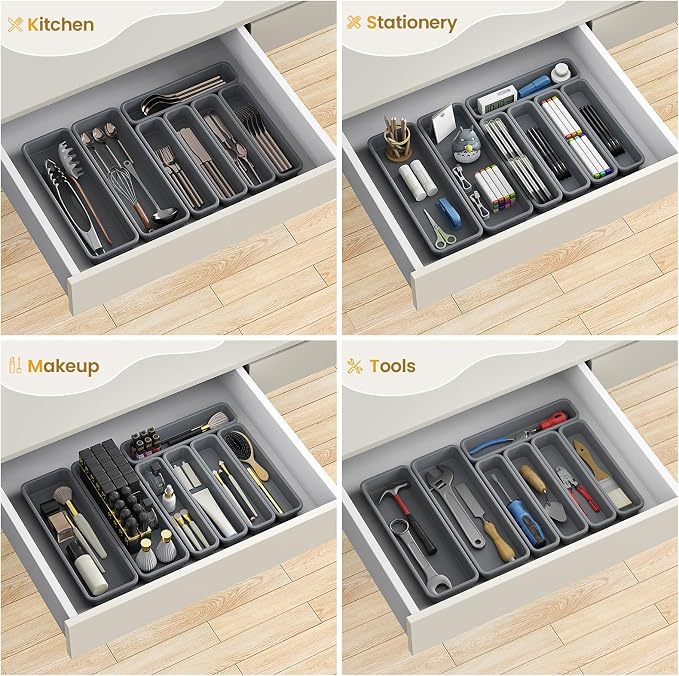 7 Pack Silicone Silverware Drawer Organizer, DIY Free Combination Kitchen Drawer Organizer, Utensil Organizer, Moisture-proof and Heat-resistant up to 200°C, Anti-slip Design (Grey)