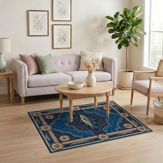 4'x6' Washable Area Rug Bass Nautical Wildlife Lake Map Border Lure Tackle Fish Fishing Refined for Dorm Room, Small Living Apartment, Stain Resistant Low Profile