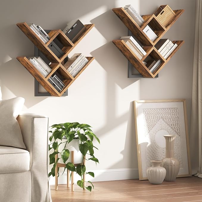 HOOBRO Floating Shelves for Wall, Set of 2 Wall Mounted Shelves, 2-Tier Wooden Tree Bookshelf, Hanging Shelves Storage Rack, for Living Room, Kitchen, Office, Rustic Brown and Black BF54BJP201