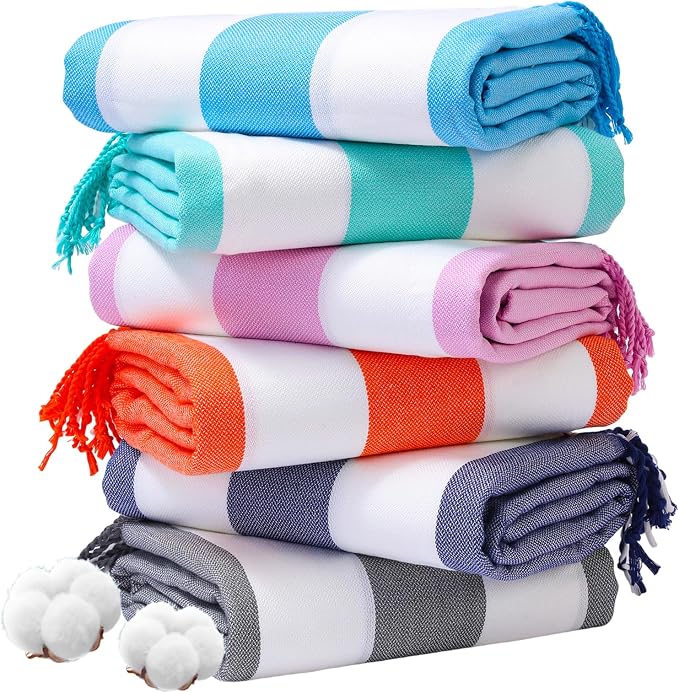 Genovega 6 Packs Oversized Turkish Beach Towel 74"x38" Thin Quick Dry Sand Free Pool Swim Towels Large XL Adult Clearance Blanket Travel Vacation Accessories Essentials Multi Stripes Grey