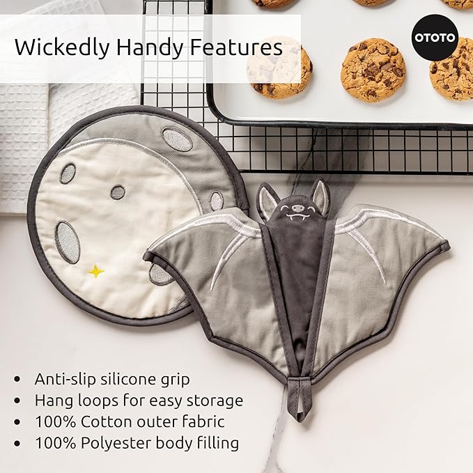 OTOTO Vino Spooky Bat 2-in-1 Wine & Beer Opener, Corkscrew & Bottle Opener, Batlicious Oven Mitts and Pot Holders Sets - Heat Resistant Trivets