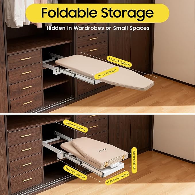 Foldable Cabinet Ironing Board Retractable Khaki Ironing Station | Sturdy Load-Bearing Structure, Adjustable Rotation Design, Easy Install Compact Fold Size fit Wardrobe Drawer Cabinet Use