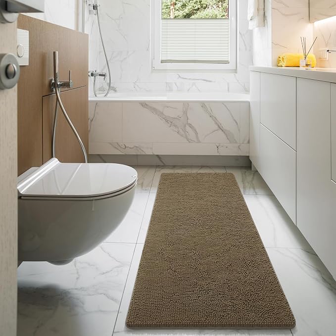 LOCHAS Luxury Bathroom Rug Shaggy Bath Mat 24 x 60 Inch, Tan | Washable Non Slip Bath Rugs for Bathroom Shower, Soft Plush Chenille Absorbent Carpets