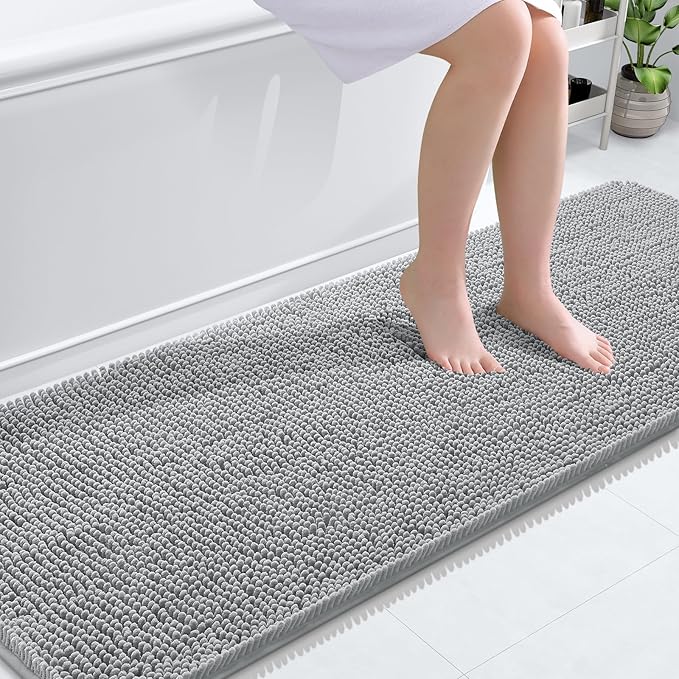 OLANLY Bathroom Runner Rugs 70x24, Soft Absorbent Chenille Bath Rugs, Rubber Backing Quick Dry, Machine Washable Long Bath Mats for Bathroom Floor, Tub and Shower, Home Decor Accessories, Light Grey