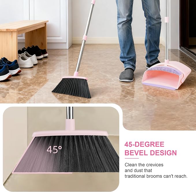 BSKLIN Broom and Dustpan Set, 52” Long Adjustable Handle Broom with Dustpan Combo Set with Dust Pan Teeth to Clean Hair for Home Lobby Office Kitchen (Small-Pink-Purple)