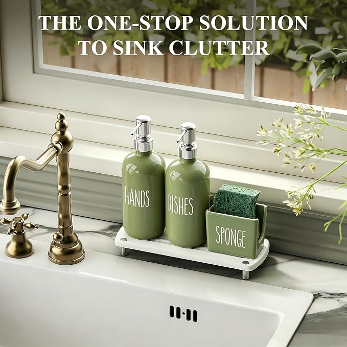 Cisily Kitchen Soap Dispenser Set Comes with Ceramics Sponge Holder, Silver Pumps, and Instant Dry Tray, Hand and Dish Soap Dispenser Set, Kitchen Sink Olive Green Decor