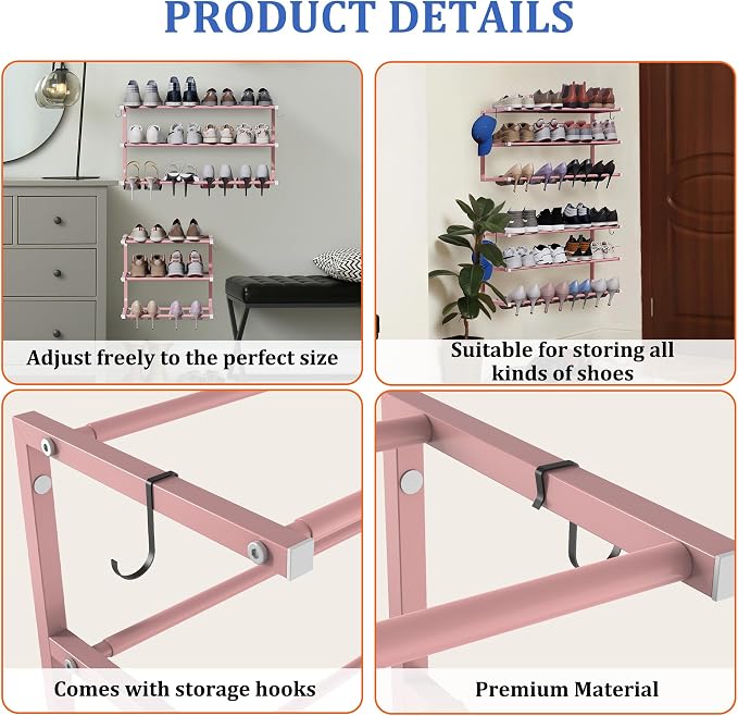 Wall Mounted Shoe Rack, 3 Tier Hanging Shoe Rack Holds 12 Pairs, 17"-30" Adjustable Heavy Duty Metal Shoe Organizer Holder with 2 Storage Hooks, Space Saving for Closet Entryway Doorway（Pink