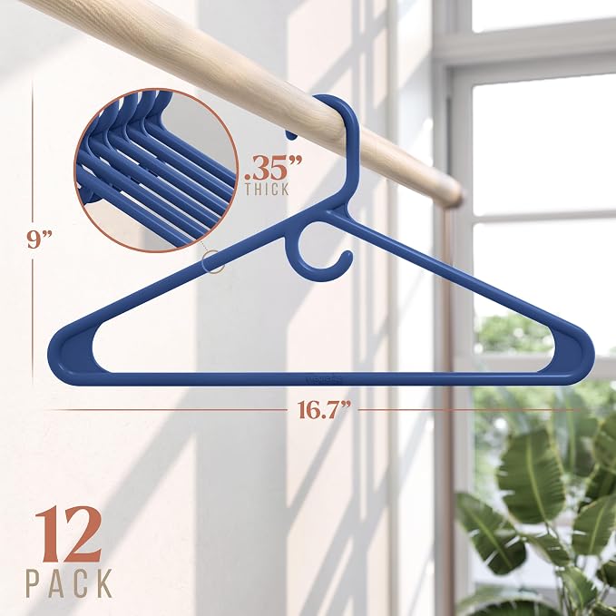 NEATERIZE Thick Heavy Duty Hangers - Navy Plastic Clothes Hangers 12 Pack - Great for Coat Hanger, Jackets Jeans & Suit Hanger for Closet - New Apartment Essentials Percheros Ganchos para Colgar Ropa