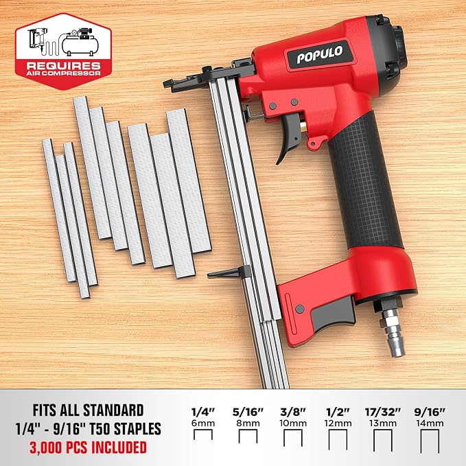 POPULO Pneumatic Staple Gun, Air Staple Gun with 3000 Staples and Safety Glasses, T50 Stapler for Upholstery, Woodworking, DIY, or Material Repair (Air Compressor Not Included)