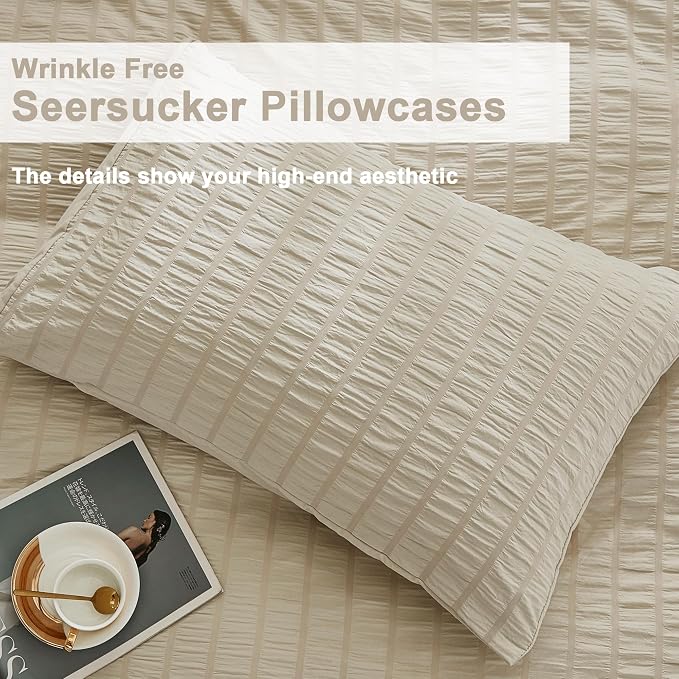 AveLom Beige Duvet Cover King Size, Textured Seersucker Duvet Cover Set, Soft Washed Microfiber with Zipper Closure and Corner Ties, 3 Pieces, 104" x 90" Duvet Cover & 2 Pillowcases