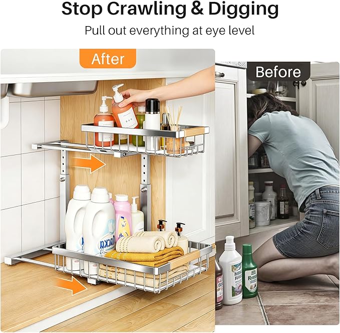 PXRACK Under Sink Organizer, Adjustable Height, 2 Tier Pull Out Cabinet Organizer, Slide Out Thickened Metal Storage for Kitchen Bathroom Laundry Pantry Cabinet, Stainless Steel, Silver, Large-1-Pack