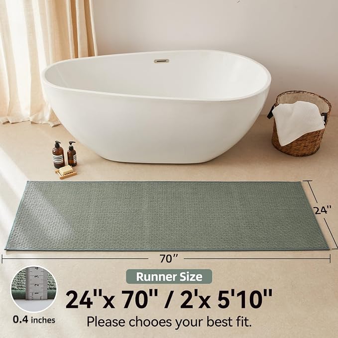 Triohero Bathroom Runner Rugs, Long Bath Mat Runner Washable Thin Quick Dry Low Pile Bathroom Runner Rugs Non Slip, Sage Green 24"x70"