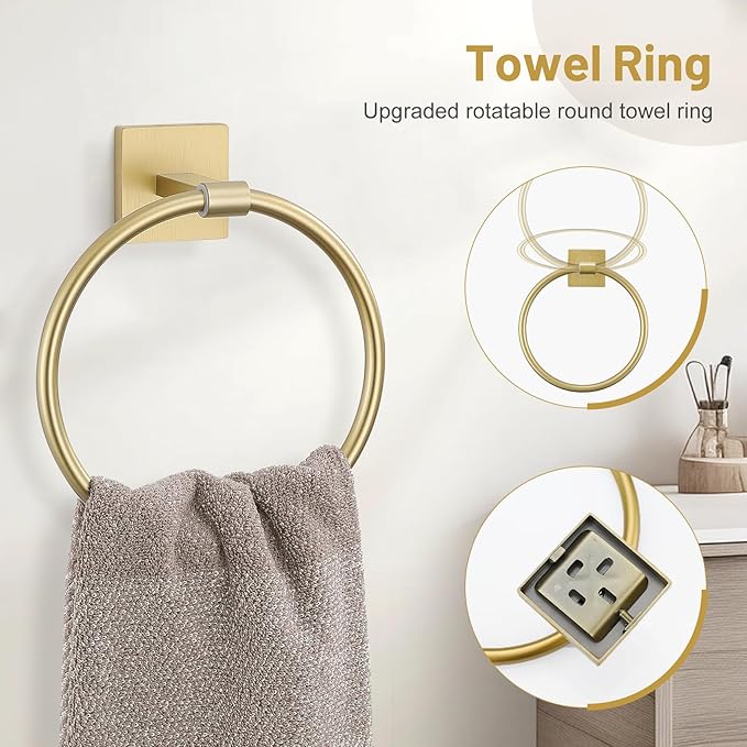 5 Pieces Brushed Gold Bathroom Hardware Set, SUS304 Stainless Steel Bathroom Accessories Set 23.6 inches Towel Bar, Toilet Paper Holder with Shelf, Towel Ring and Two Towel Hooks Wall-Mounted