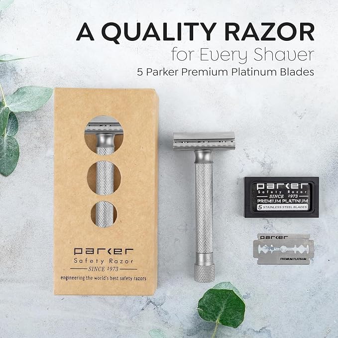 Parker THE VARIANT CLOSED COMB - ADJUSTABLE Double Edge Safety Razor, Customize your Shave with a Turn of the Dial from Mild to Aggressive - 5 Blades Included (SATIN CHROME) | Closed-Comb Head And Five Adjustable Settings Let Users Customize Comfort An...