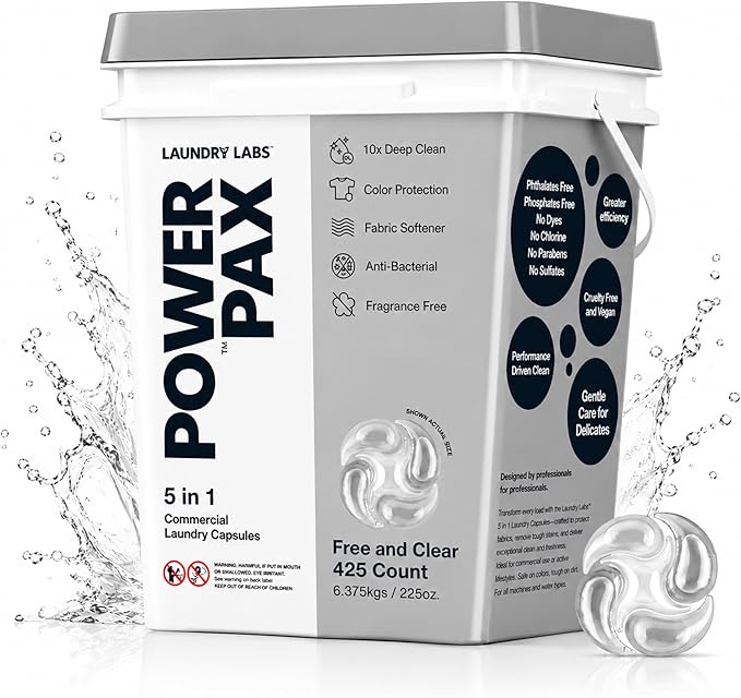PowerPax 5-in-1 Laundry Detergent Pods - 425 Count, Washer Pods with Stain Remover, Odor Control, Fabric Softener & Color Care for Commercial Laundry - Fresh and Clean