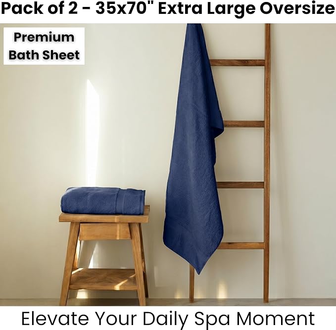 SALBAKOS 2-Piece 100% Turkish Cotton Bath Towels, Extra Large 35x70, Navy | Oversized Bath Sheet Towel for Bathroom & Beach, Thick, Super Soft, Highly Absorbent, Premium Hotel Quality, Made in Turkey