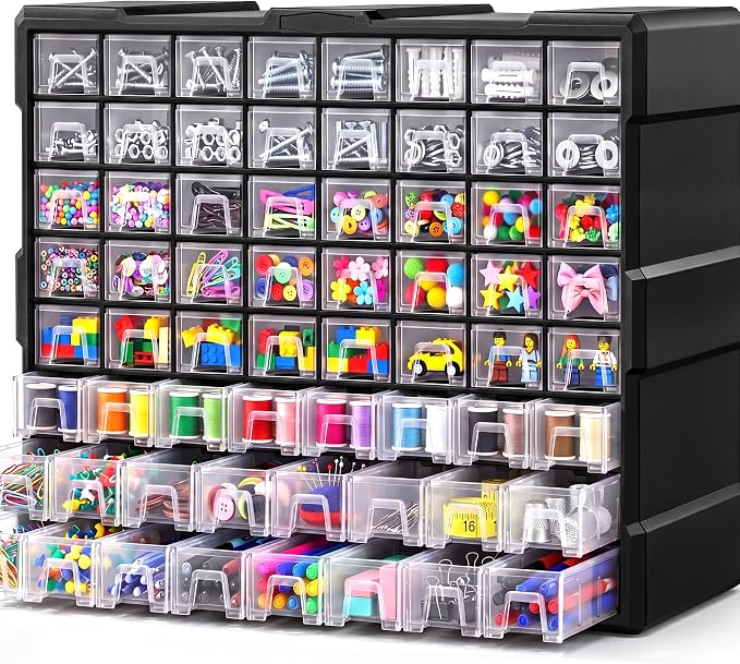 64-Drawer Organizer for Garage Building Bricks Storage,𝐓𝐡𝐢𝐜𝐤𝐞𝐫 Drawer Storage Cabinet with Dividers and Labels for Hardware,Screws,Nuts Bolts, Garage Tools,Charms,Beads,Craft,Scrapbook