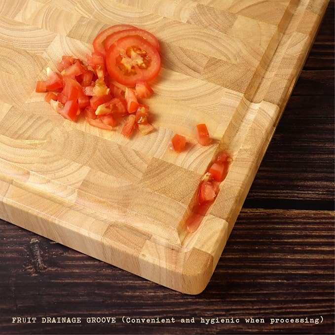 End Grain Cutting Board, Extra Large & Thick, End Grain Built-In Compartment and Juice Canal, Heavy Duty Chopping Board, Thick Carving Board for Bread Fruits Meat (17x13 Inches)