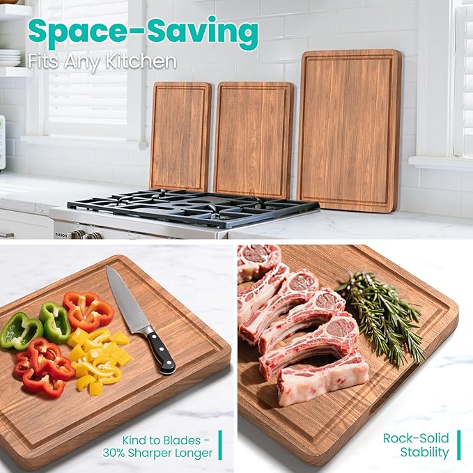 Acacia Wood Cutting Boards Set 3-Piece with Juice Groove & Handles | Charcuterie Chopping Board for Kitchen Meat Cheese Fruits Vegetables Heavy Duty Slip Solid Thick Gift