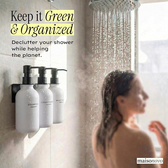 Shampoo and Conditioner Dispenser Wall Mounted Set of 3 White Black - No Drill Shower Soap Dispenser for Bathroom Refillable - Spa Hotel Style Accessories by MaisoNovo