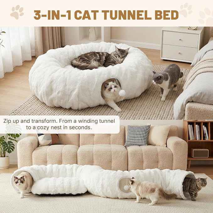 Extra Large Cat Tunnel, 47.2in Luxury Tunnel for Large Cats, Extra Long Bubble Fleece Big Cat Tunnel for Cats with Washable Mat, Skin-Friendly Large Tunnel for Cats, Puppy, Rabbits White