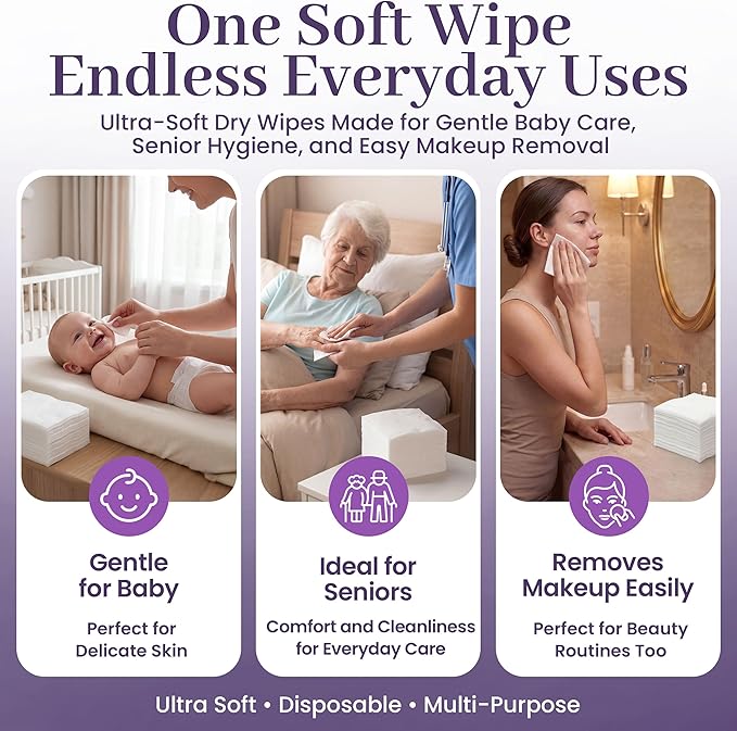 Disposable Dry Wipes, 1,000 Count Case Pack – Ultra Soft Non-Moistened Cleansing Cloths for Adults, Incontinence, Baby Care, Makeup Removal – 9.5" x 13.5" - Hospital Grade, Durable – by ProHeal