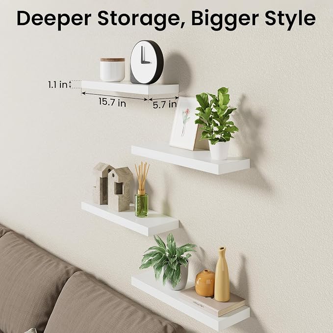 BAYKA Floating Shelves for Wall, 15.7in Wall Mounted Rustic Wood Shelves for Bathroom, Bedroom, Living Room, Kitchen, Hanging Shelf for Books/Storage/Room Decor with 22lbs Capacity (White, Set of 4)