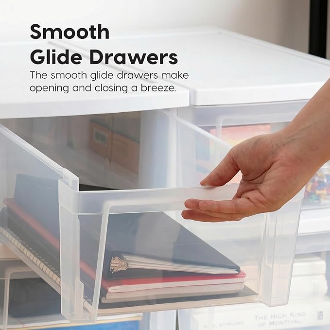 IRIS USA Plastic Drawer Storage Organizer, 3-Drawers, 2-Pack, for Classroom Art Craft Supplies, Bathroom Bedroom, Laundry Room, White/Clear