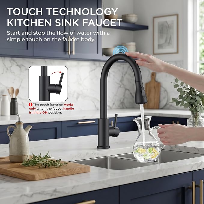 FORIOUS Black Touch Kitchen Faucet with Pull Down Sprayer, Touch Activated | High Arc Kitchen Sink Faucet with Deck Plate, Stainless Steel, Single Hole, Single Handle, Fit for RV Bar Farmhouse Laundry